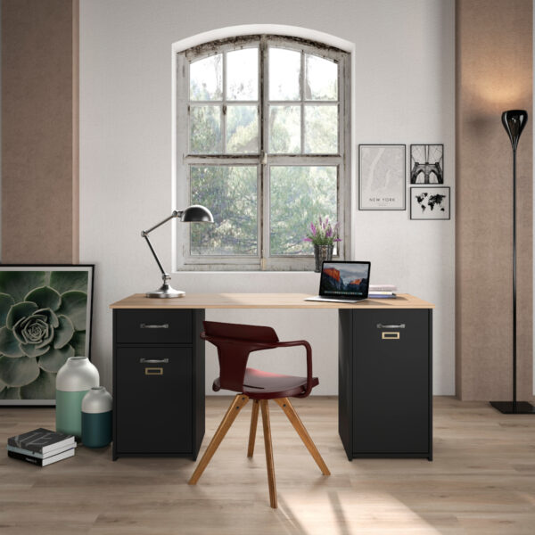 Bristol Γραφείο με 2 ντουλάπια & 1 συρτάρι 150x60εκ.  Helvezia Oak/Black - Image 2