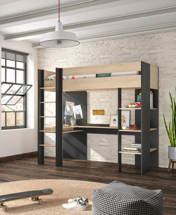 Duplex Mezzanine Κρεβάτι μονό ψηλό με γραφείο & βιβλιοθήκη 210x109x192εκ. Black/Natural Chestnut - Image 2