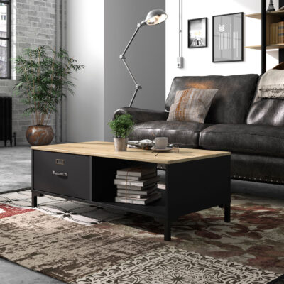 Manchester Tραπεζάκι σαλονιού με ένα συρτάρι 110x60x40εκ. Helvezia Oak / Black