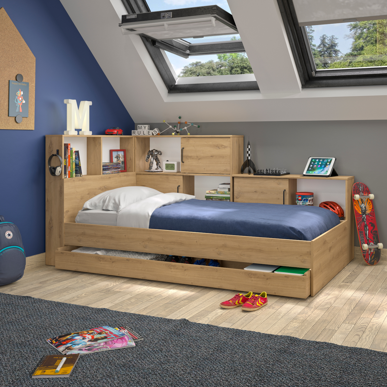 Erwan κρεβάτι μονό 120x221εκ. ( για στρώμα 90x200εκ. ) Artisan Oak με αποθηκευτικό συρτάρι - Image 2