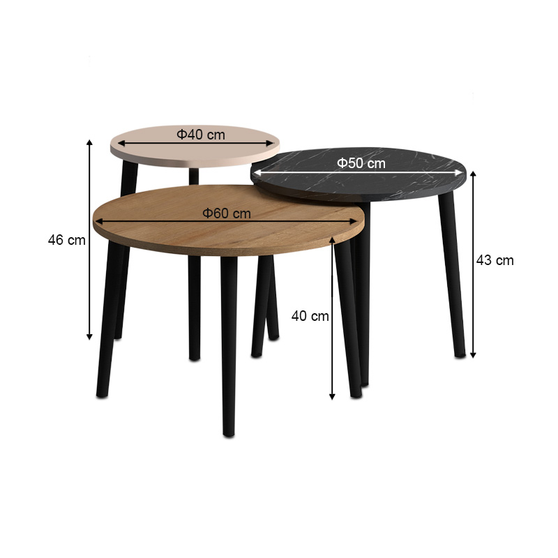 Τραπεζάκι σαλονιού σετ 3 τμχ Roma Megapap χρώμα oak - μαύρο εφέ μαρμάρου - κρεμ Φ60x46εκ. - Image 3
