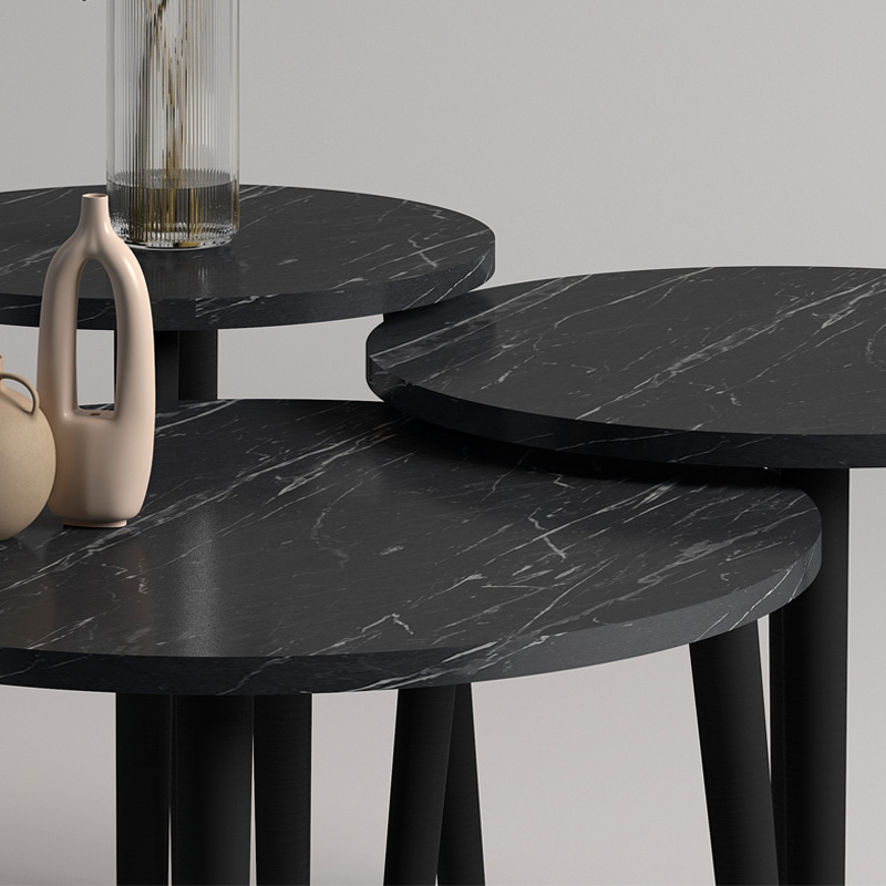 Τραπεζάκι σαλονιού σετ 3 τμχ Roma Megapap χρώμα μαύρο εφέ μαρμάρου Φ60x46εκ. - Image 2