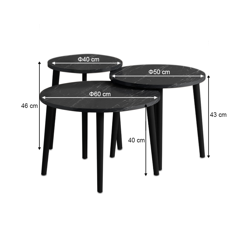 Τραπεζάκι σαλονιού σετ 3 τμχ Roma Megapap χρώμα μαύρο εφέ μαρμάρου Φ60x46εκ. - Image 3