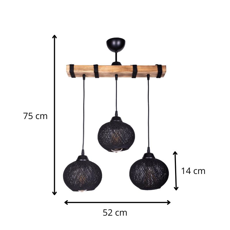 Φωτιστικό οροφής Sirmione Megapap E27 ξύλινο - σχοινί τρίφωτο χρώμα μαύρο - φυσικό 49x17x75εκ. - Image 2