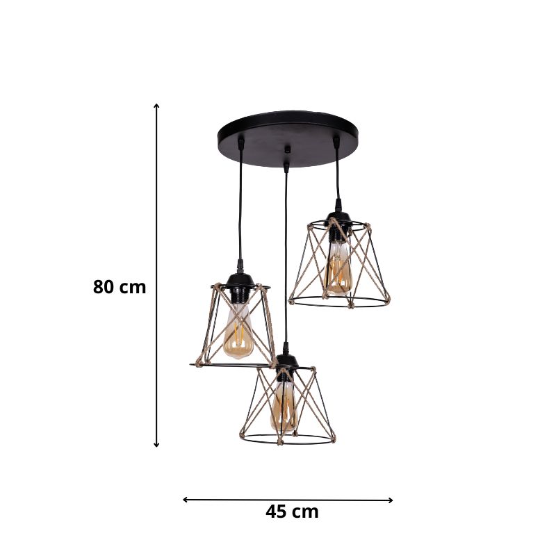 Φωτιστικό οροφής Cesa Megapap E27 μεταλλικό - σχοινί τρίφωτο χρώμα μαύρο 45x40x70εκ. - Image 2