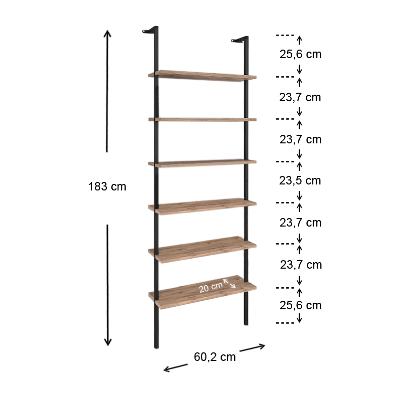 Βιβλιοθήκη τοίχου Madison Megapap μεταλλική - μελαμίνης χρώμα μαύρο - pine oak 60x20x183εκ. - Image 2