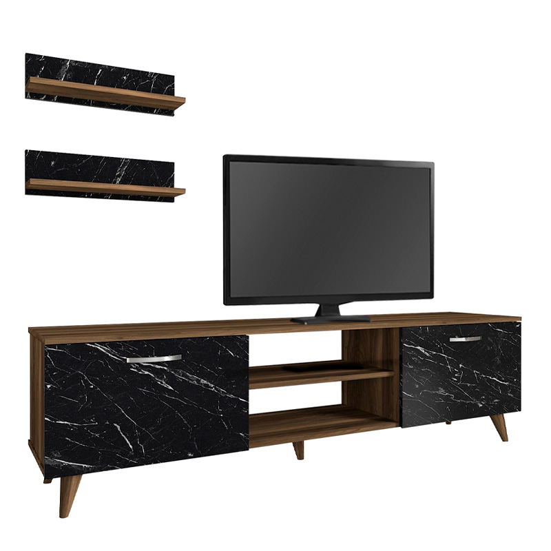 Έπιπλο τηλεόρασης Geacles Megapap χρώμα καρυδί - μαύρο εφέ μαρμάρου 180x40x50εκ. - Image 3