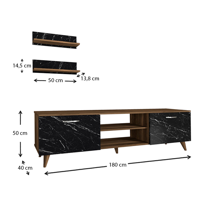 Έπιπλο τηλεόρασης Geacles Megapap χρώμα καρυδί - μαύρο εφέ μαρμάρου 180x40x50εκ. - Image 4