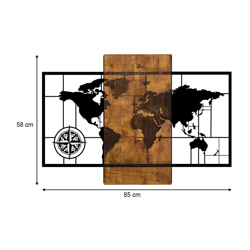 Διακοσμητικό τοίχου World Map Megapap ξύλινο - μεταλλικό χρώμα καρυδί - μαύρο 85x3x58εκ. - Image 3