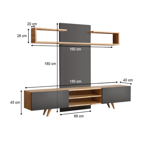 Σύνθεση τηλεόρασης Giacomo Megapap χρώμα sapphire oak - ανθρακί 180x40x45εκ. - Image 4