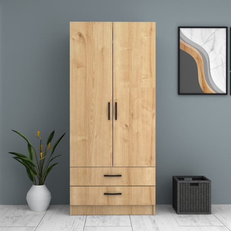 Ντουλάπα ρούχων Ricardo Megapap δίφυλλη με συρτάρια χρώμα φυσικό οξιάς 80x51,8x181εκ. - Image 3