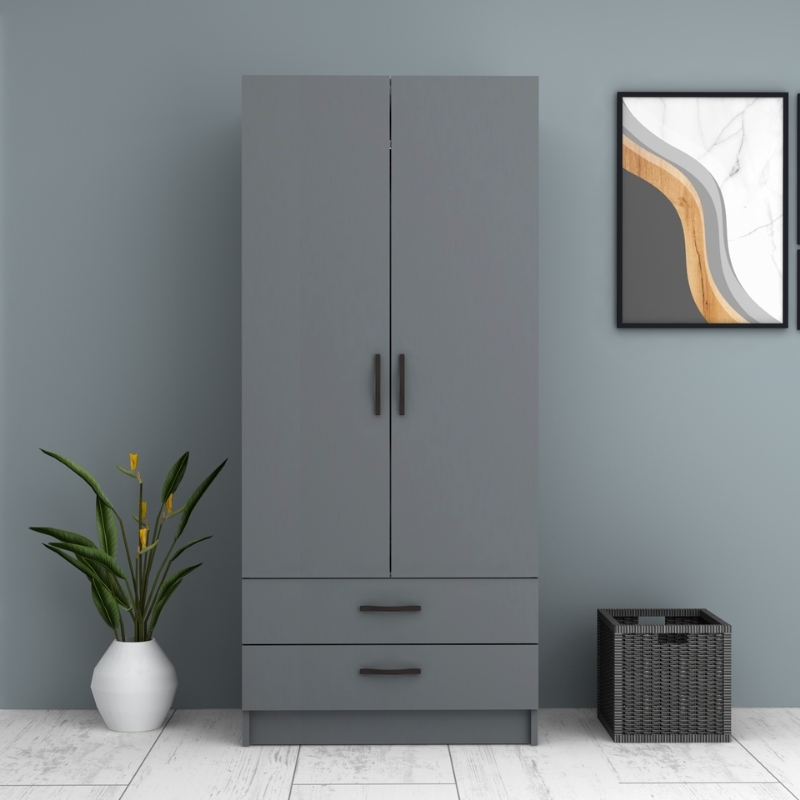 Ντουλάπα ρούχων Ricardo Megapap δίφυλλη με συρτάρια χρώμα ανθρακί 80x51,8x181εκ. - Image 3