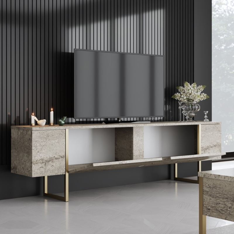 Έπιπλο τηλεόρασης Luxe Megapap χρώμα travertine - χρυσό 180x30x50εκ. - Image 2