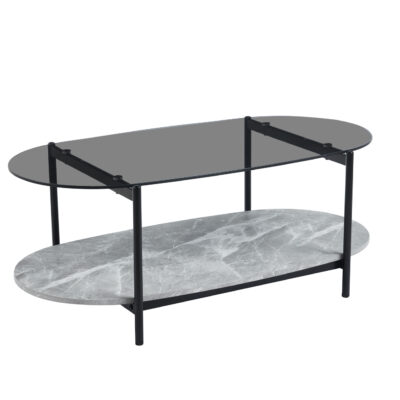 ΤΡΑΠΕΖΙ ΣΑΛΟΝΙΟΥ ΟΒΑΛ KITTY HM18040 ΓΥΑΛΙ ΦΙΜΕ TOP-GREY MARBLE ΜΕΛΑΜΙΝΗ 110x50x43Υεκ