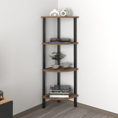 Βιβλιοθήκη γωνιακή Lela Megapap χρώμα μαύρο - καπνιστή καρυδιά 34x34x125εκ.