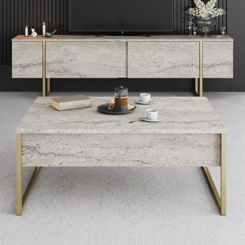 Τραπεζάκι σαλονιού Luxe Megapap χρώμα travertine - χρυσό 90x60x40εκ. - Image 2