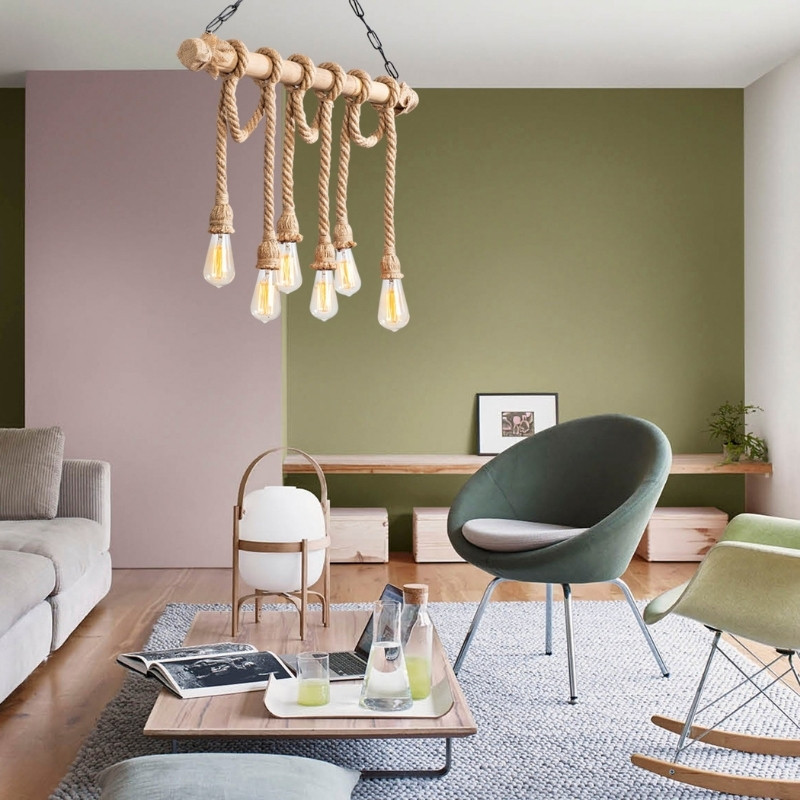 Φωτιστικό οροφής Giza Megapap E27 ξύλο - σχοινί εξάφωτο χρώμα φυσικό 80x8x90εκ. - Image 2