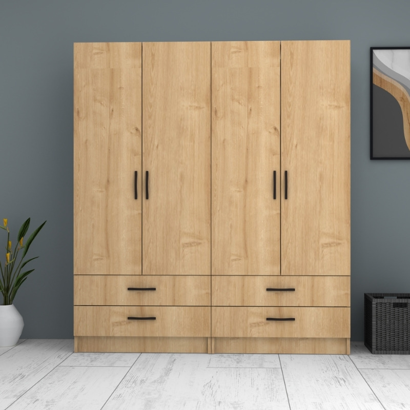 Ντουλάπα ρούχων Ricardo Megapap τετράφυλλη με συρτάρια χρώμα φυσικό οξιάς 160x51,8x181εκ. - Image 3