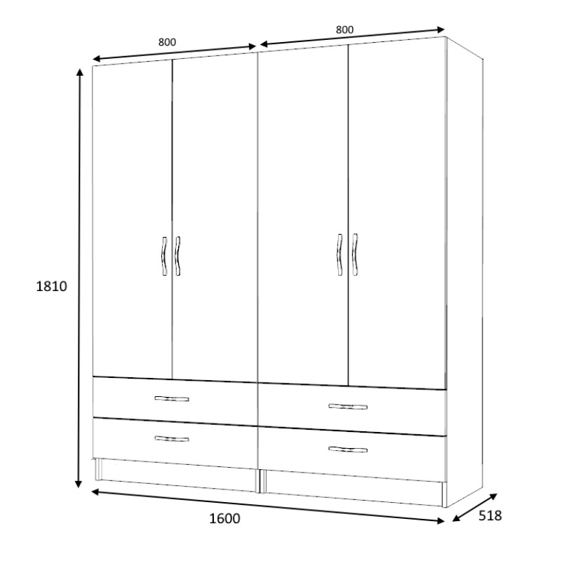 Ντουλάπα ρούχων Ricardo Megapap τετράφυλλη με συρτάρια χρώμα φυσικό οξιάς 160x51,8x181εκ. - Image 4