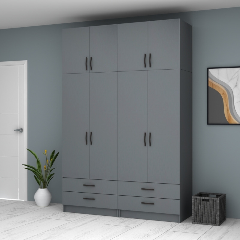 Ντουλάπα ρούχων Ricardo Megapap τετράφυλλη με πατάρι και συρτάρια χρώμα ανθρακί 160x51,8x240εκ. - Image 3