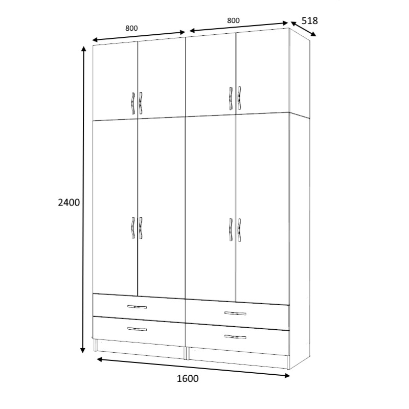 Ντουλάπα ρούχων Ricardo Megapap τετράφυλλη με πατάρι και συρτάρια χρώμα ανθρακί 160x51,8x240εκ. - Image 4