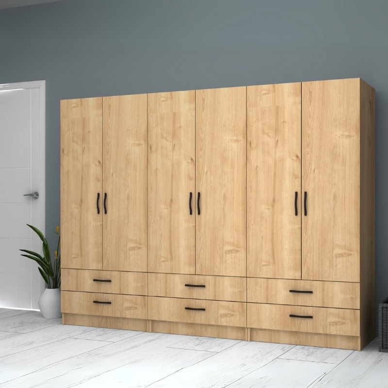 Ντουλάπα ρούχων Ricardo Megapap εξάφυλλη με συρτάρια χρώμα φυσικό οξιάς 240x51,8x181εκ. - Image 3