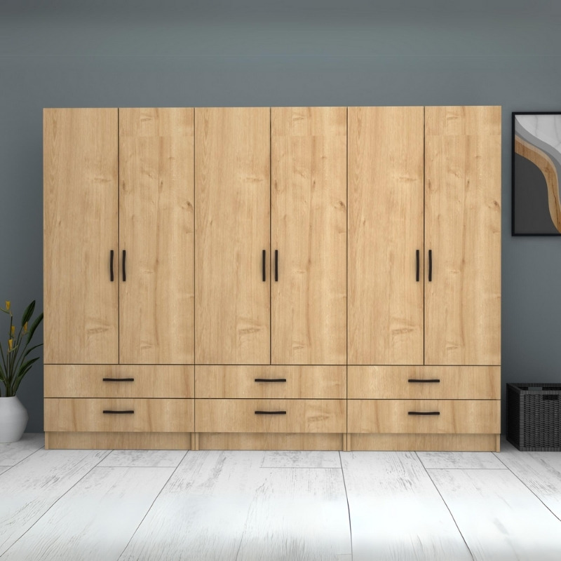 Ντουλάπα ρούχων Ricardo Megapap εξάφυλλη με συρτάρια χρώμα φυσικό οξιάς 240x51,8x181εκ. - Image 4