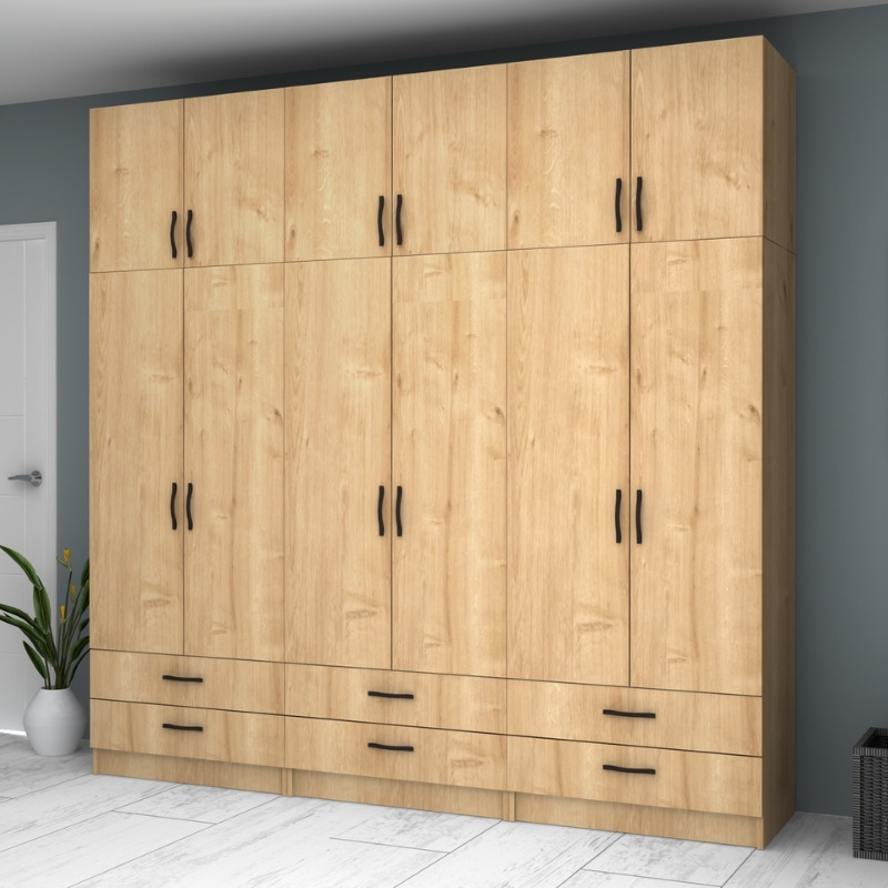 Ντουλάπα ρούχων Ricardo Megapap εξάφυλλη με πατάρι και συρτάρια χρώμα φυσικό οξιάς 240x51,8x240εκ. - Image 3