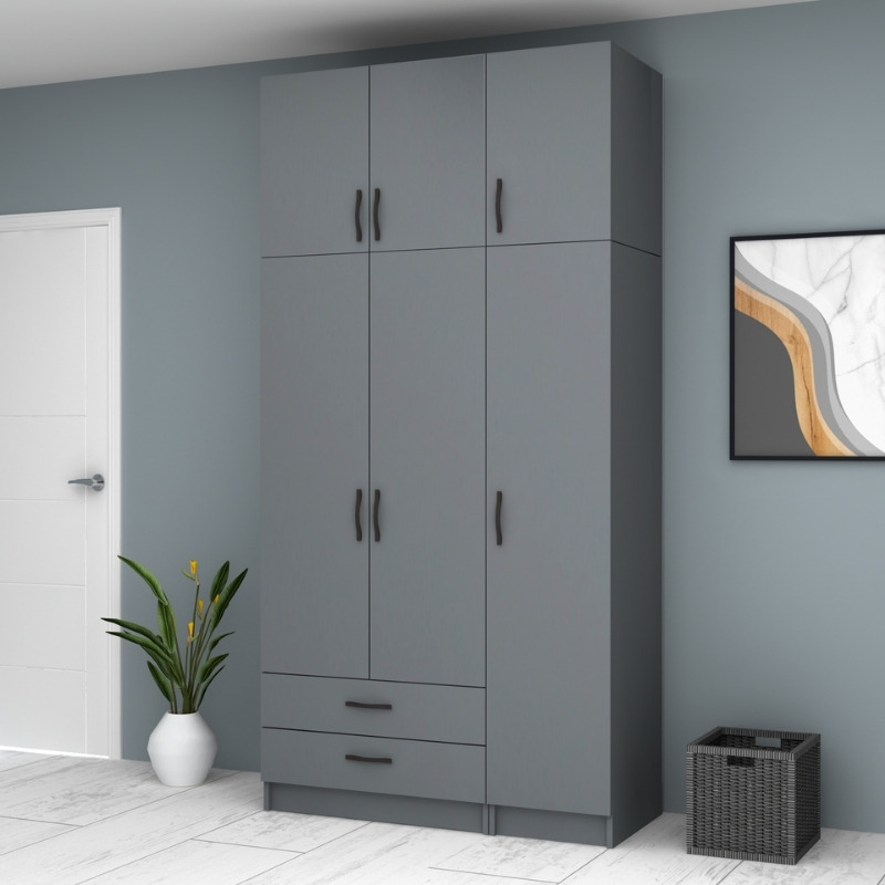 Ντουλάπα ρούχων Ricardo Megapap τρίφυλλη με πατάρι και συρτάρια χρώμα ανθρακί 120x51,8x240εκ. - Image 3