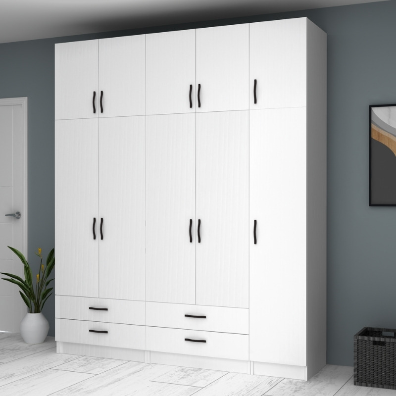 Ντουλάπα ρούχων Ricardo Megapap πεντάφυλλη με πατάρι και συρτάρια χρώμα λευκό 200x51,8x240εκ. - Image 3