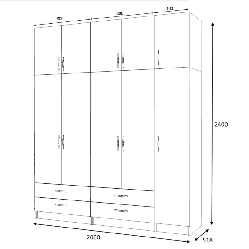 Ντουλάπα ρούχων Ricardo Megapap πεντάφυλλη με πατάρι και συρτάρια χρώμα λευκό 200x51,8x240εκ. - Image 4