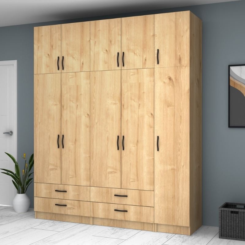 Ντουλάπα ρούχων Ricardo Megapap πεντάφυλλη με πατάρι και συρτάρια χρώμα φυσικό οξιάς 200x51,8x240εκ. - Image 3