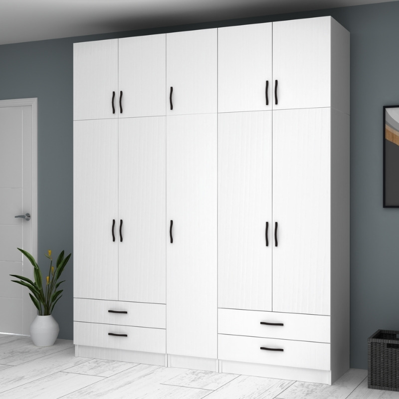 Ντουλάπα ρούχων Ricardo Megapap πεντάφυλλη με πατάρι και συρτάρια χρώμα λευκό 200x51,8x240εκ. - Image 3