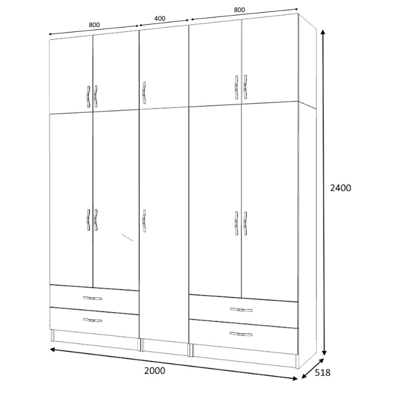 Ντουλάπα ρούχων Ricardo Megapap πεντάφυλλη με πατάρι και συρτάρια χρώμα λευκό 200x51,8x240εκ. - Image 4
