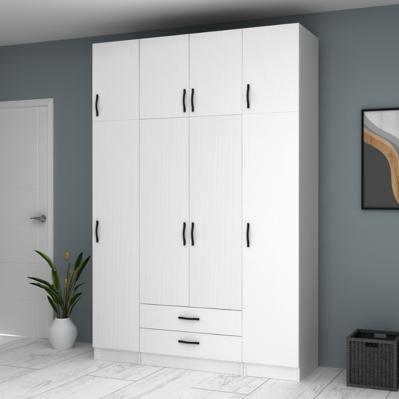 Ντουλάπα ρούχων Ricardo Megapap τετράφυλλη με πατάρι και συρτάρια χρώμα λευκό 160x51,8x240εκ. - Image 3