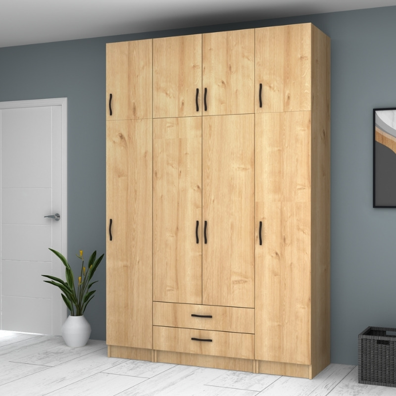 Ντουλάπα ρούχων Ricardo Megapap τετράφυλλη με πατάρι και συρτάρια χρώμα φυσικό οξιάς 160x51,8x240εκ. - Image 3