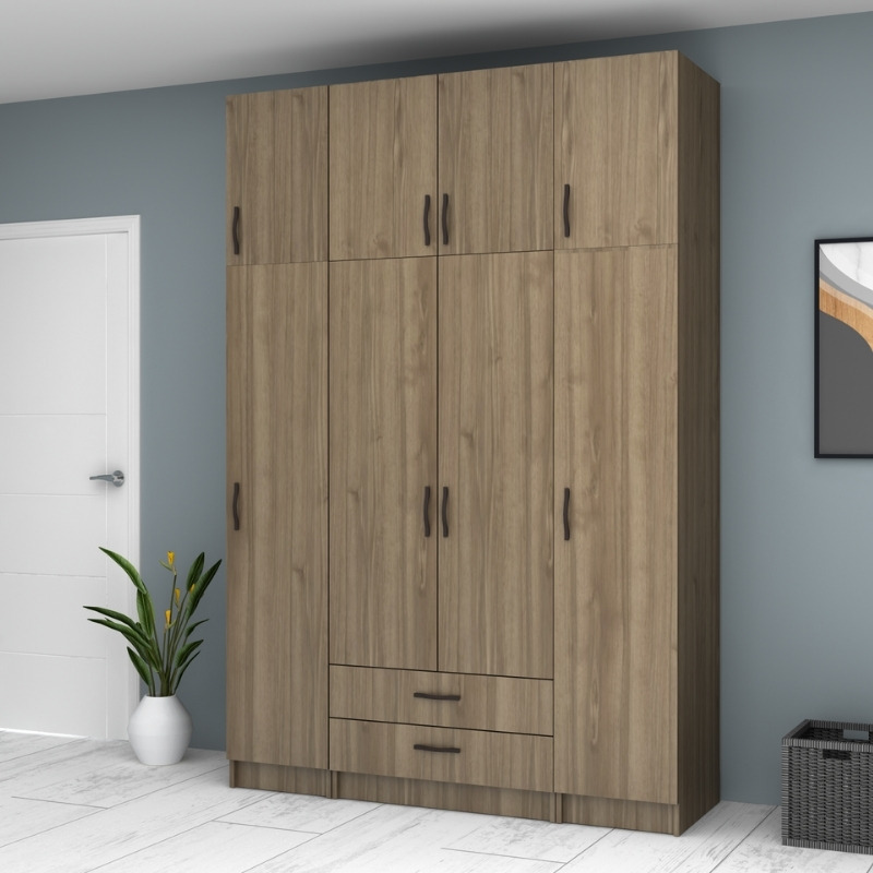 Ντουλάπα ρούχων Ricardo Megapap τετράφυλλη με πατάρι και συρτάρια χρώμα καρυδί 160x51,8x240εκ. - Image 3