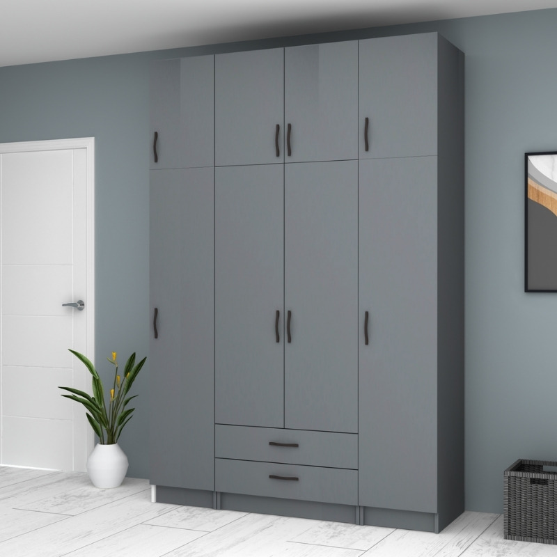 Ντουλάπα ρούχων Ricardo Megapap τετράφυλλη με πατάρι και συρτάρια χρώμα ανθρακί 160x51,8x240εκ. - Image 3