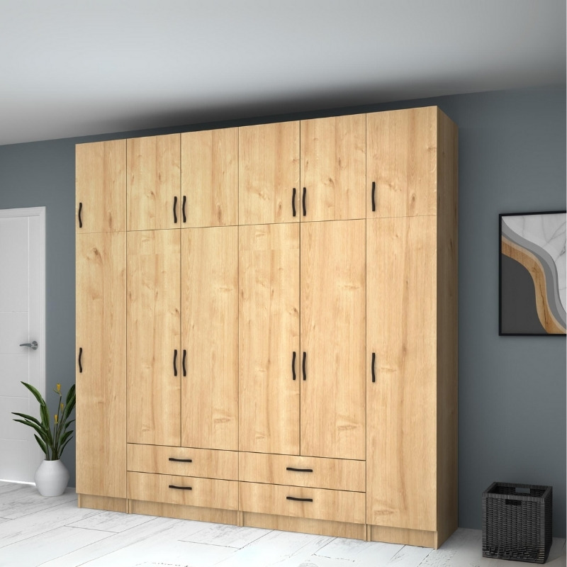 Ντουλάπα ρούχων Ricardo Megapap εξάφυλλη με πατάρι και συρτάρια χρώμα φυσικό οξιάς 240x51,8x240εκ. - Image 3