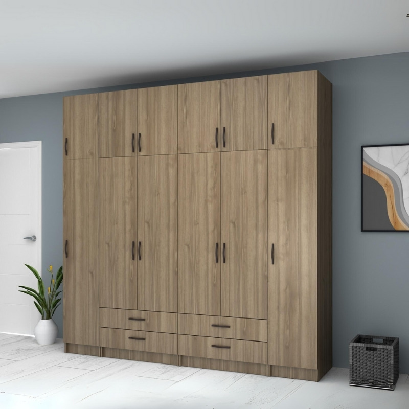 Ντουλάπα ρούχων Ricardo Megapap εξάφυλλη με πατάρι και συρτάρια χρώμα καρυδί 240x51,8x240εκ. - Image 3