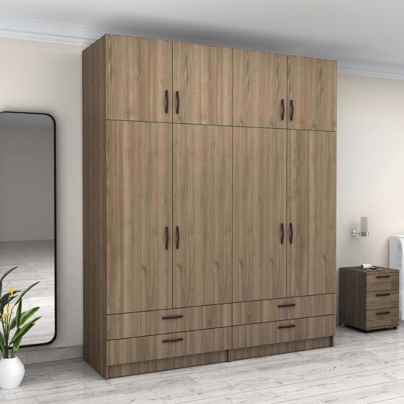 Ντουλάπα ρούχων Victoria Megapap τετράφυλλη με πατάρι και συρτάρια χρώμα καρυδί 200x60x240εκ. - Image 3