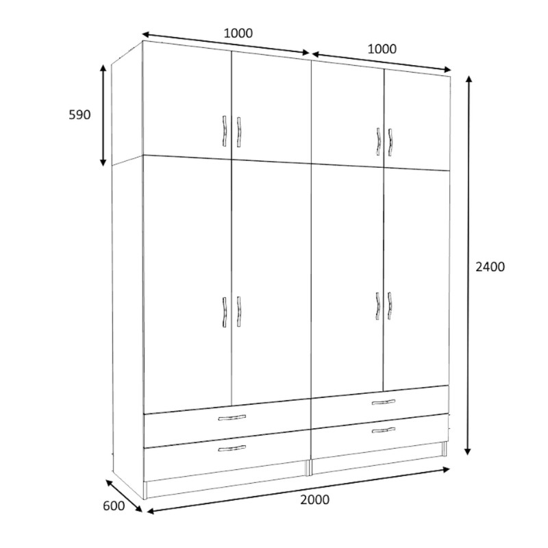 Ντουλάπα ρούχων Victoria Megapap τετράφυλλη με πατάρι και συρτάρια χρώμα καρυδί 200x60x240εκ. - Image 4