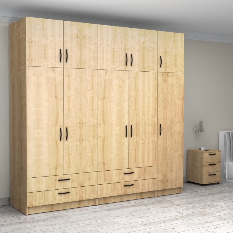 Ντουλάπα ρούχων Victoria Megapap πεντάφυλλη με πατάρι και συρτάρια χρώμα φυσικό οξιάς 250x60x240εκ. - Image 3