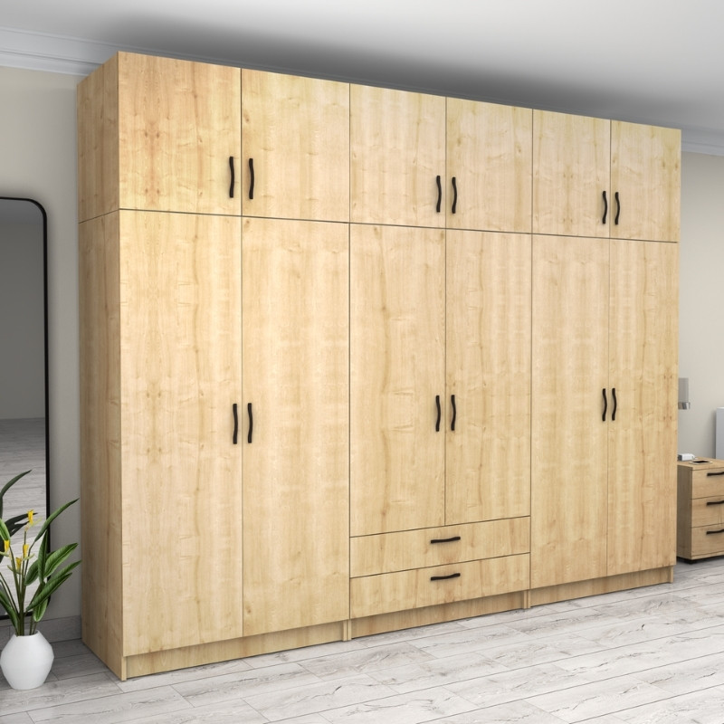 Ντουλάπα ρούχων Victoria Megapap εξάφυλλη με πατάρι και συρτάρια χρώμα φυσικό οξιάς 300x60x240εκ. - Image 3