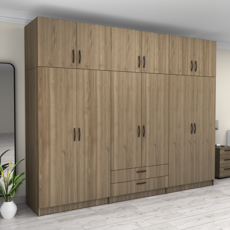 Ντουλάπα ρούχων Victoria Megapap εξάφυλλη με πατάρι και συρτάρια χρώμα καρυδί 300x60x240εκ. - Image 3