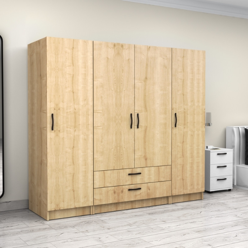 Ντουλάπα ρούχων Victoria Megapap τετράφυλλη με συρτάρια χρώμα φυσικό οξιάς 200x60x181εκ. - Image 3