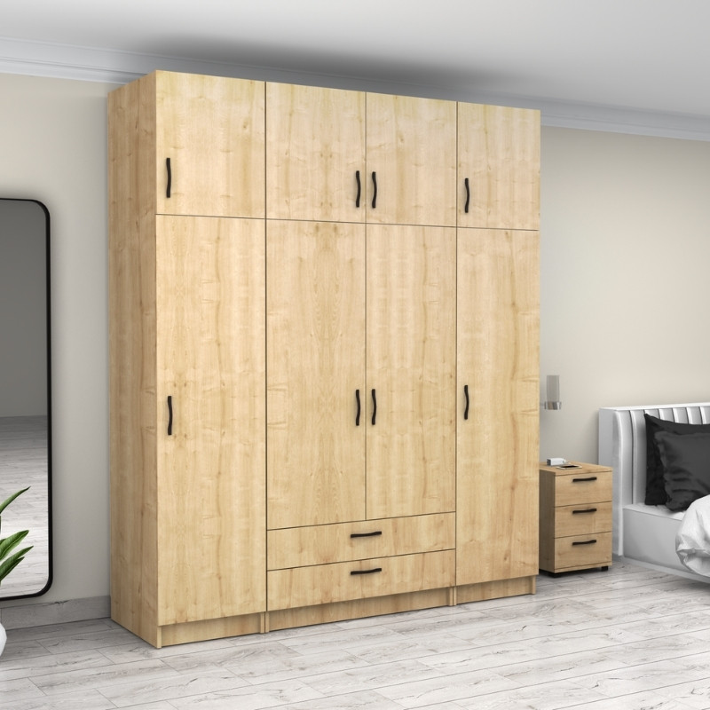 Ντουλάπα ρούχων Victoria Megapap τετράφυλλη με πατάρι και συρτάρια χρώμα φυσικό οξιάς 200x60x240εκ. - Image 3