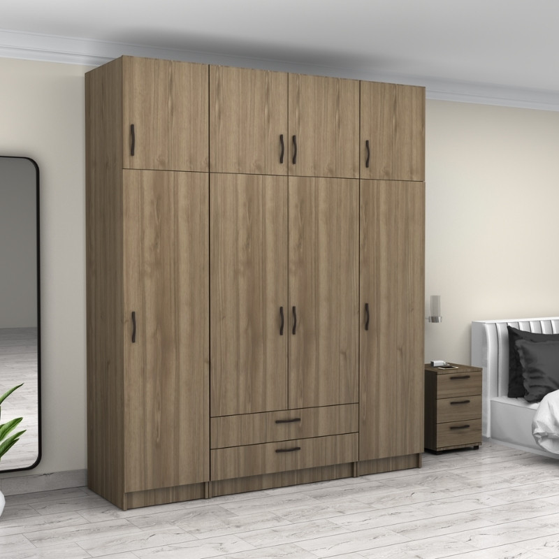 Ντουλάπα ρούχων Victoria Megapap τετράφυλλη με πατάρι και συρτάρια χρώμα καρυδί 200x60x240εκ. - Image 3