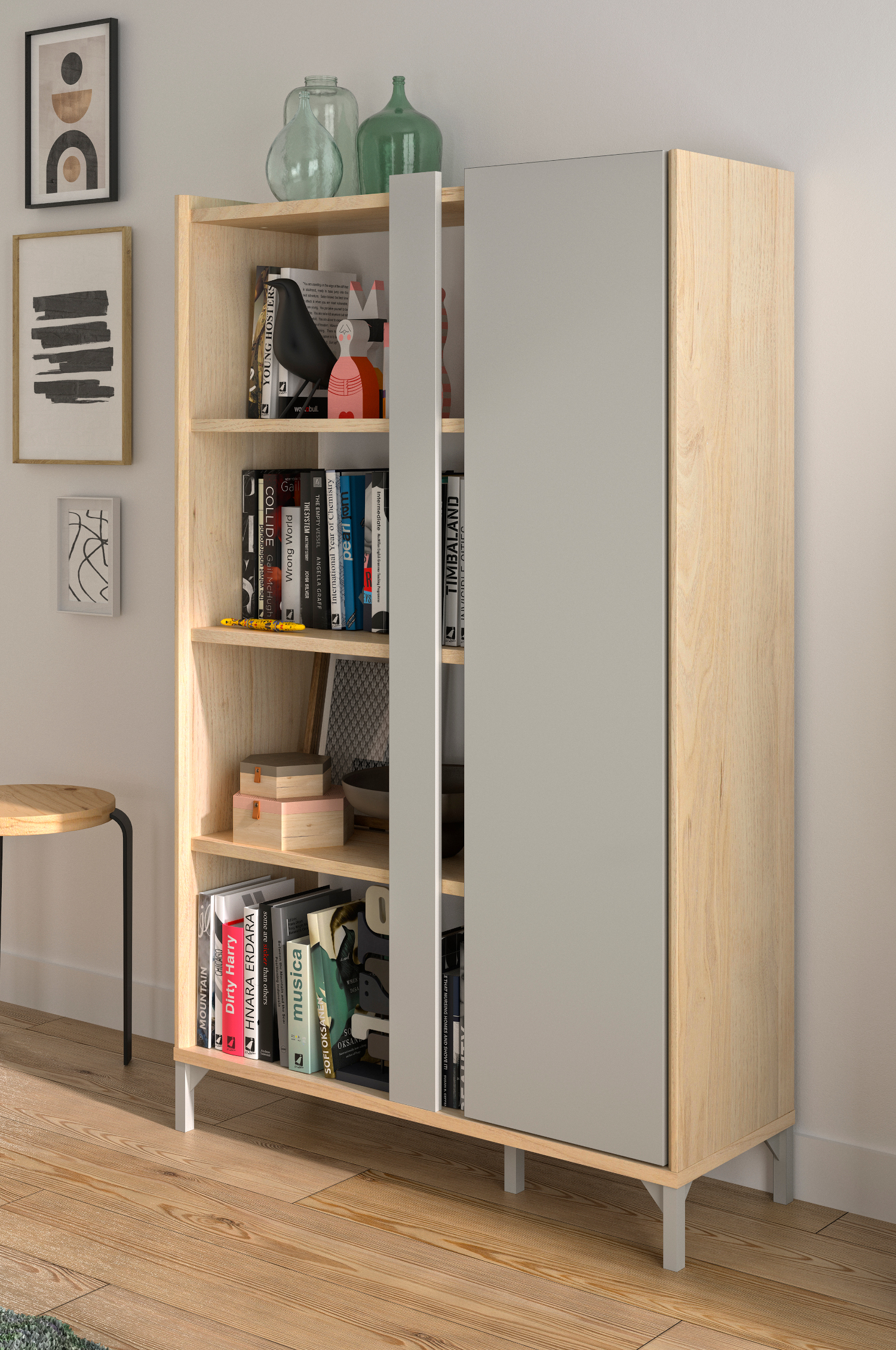 Lenk βιβλιοθήκη με μια πόρτα 100x36x161εκ. Natural Oak - Greige