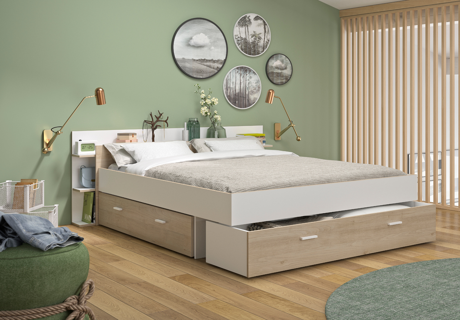 Tonight Κρεβάτι διπλό με αποθηκευτικούς χώρους 171x211εκ. ( για στρώμα 140x190εκ. ) Natural Chestnut / White